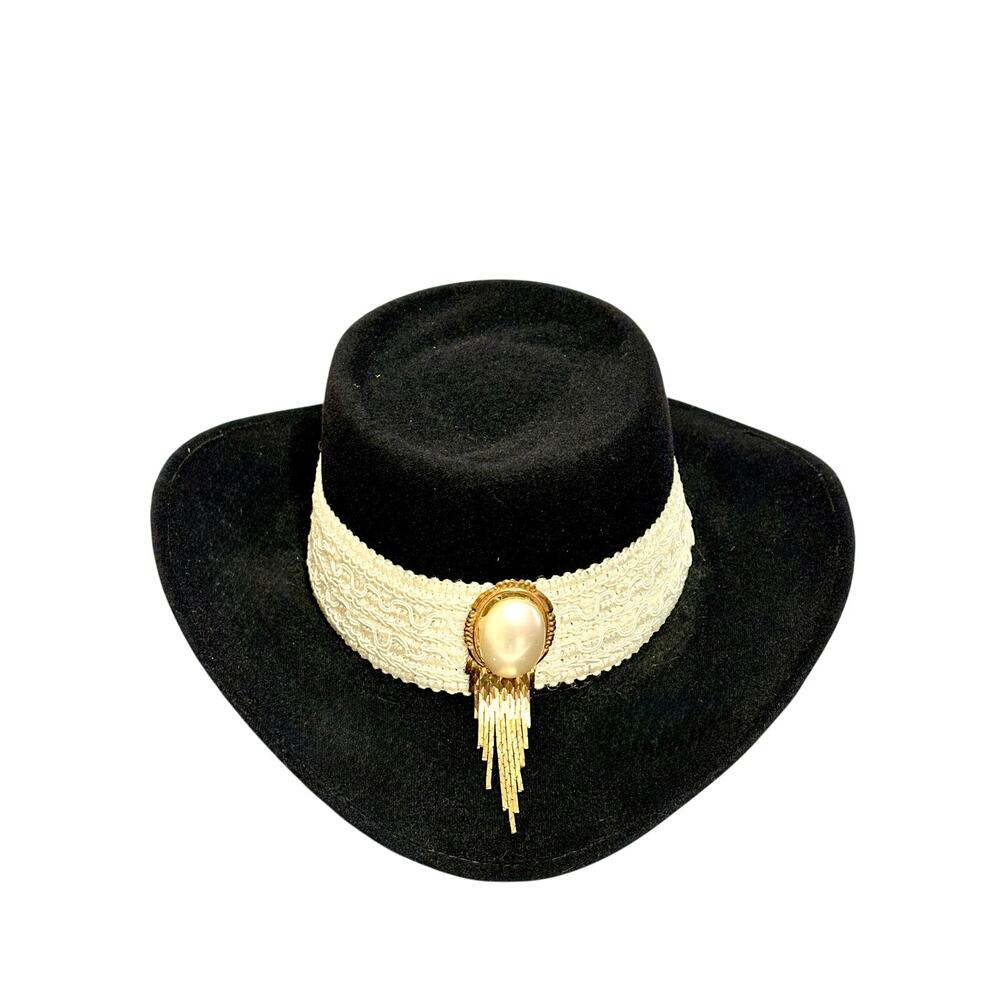 Vintage Pigalle Black Felt Cowboy Hat Mexican Made Size 7 1/8 Removable Accents